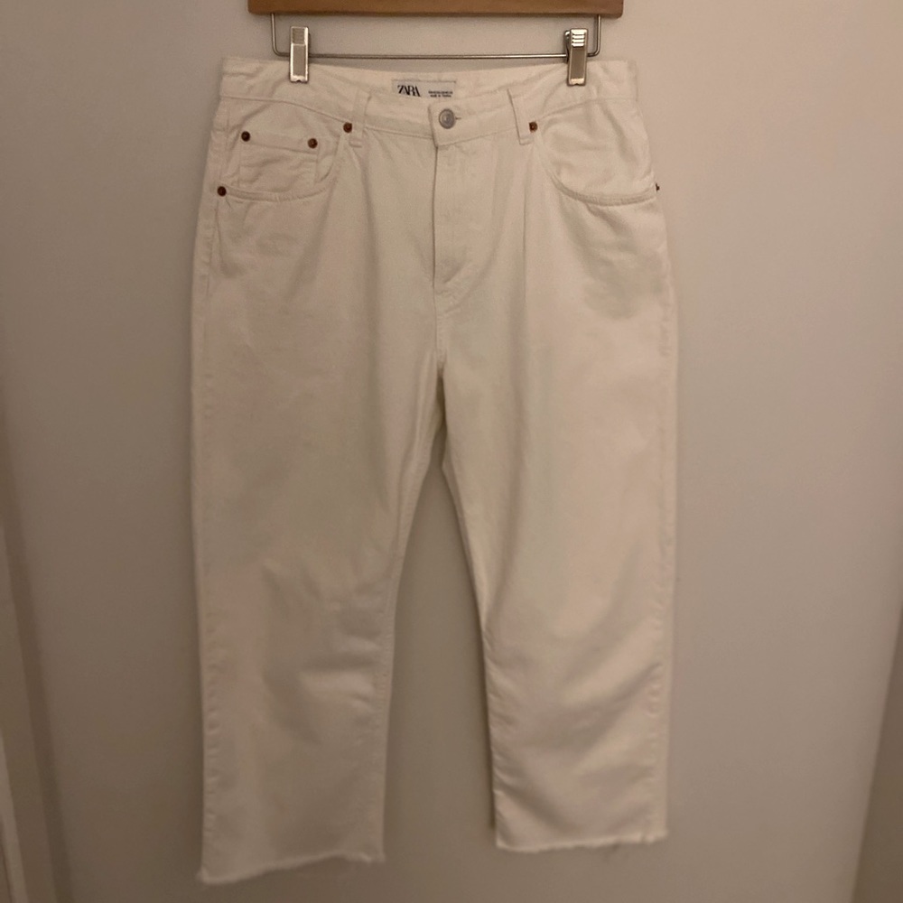 Zara Women White Denim Straight Leg Jeans Raw Hem Size 10 Excellent Condition